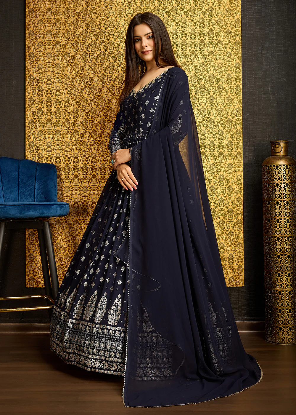 Navy Blue Metalic Foil Work Embroidered Wedding Wear Gown - Image 5