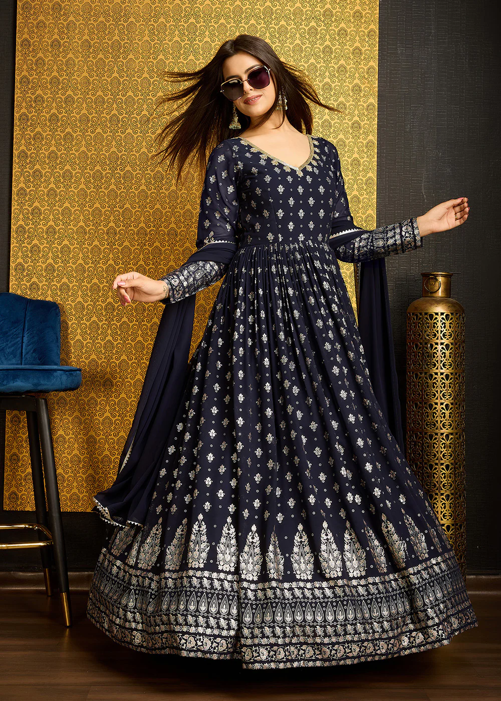 Navy Blue Metalic Foil Work Embroidered Wedding Wear Gown - Image 6