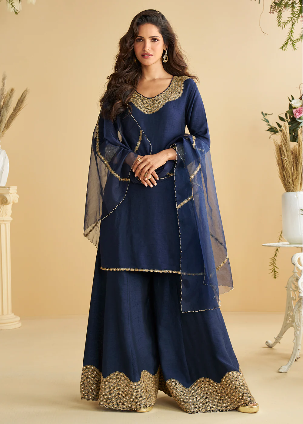 Navy Blue Mirror & Embroidered Palazzo Suit
