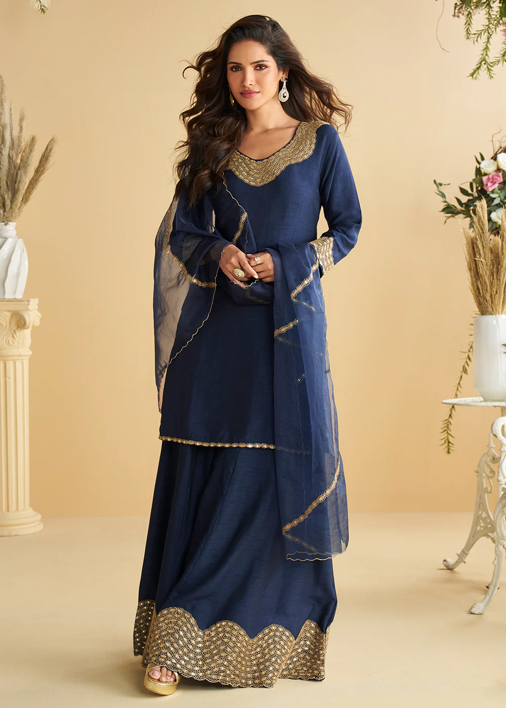 Navy Blue Mirror & Embroidered Palazzo Suit - Image 3