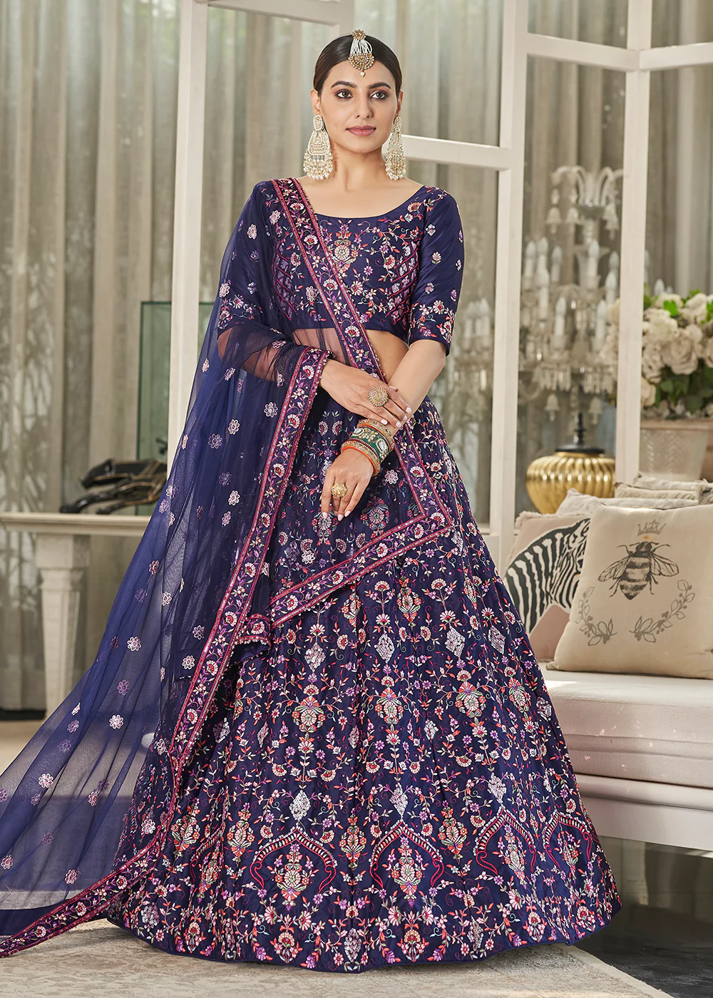 Navy Blue Multi Sequins & Thread Wedding A Line Lehenga