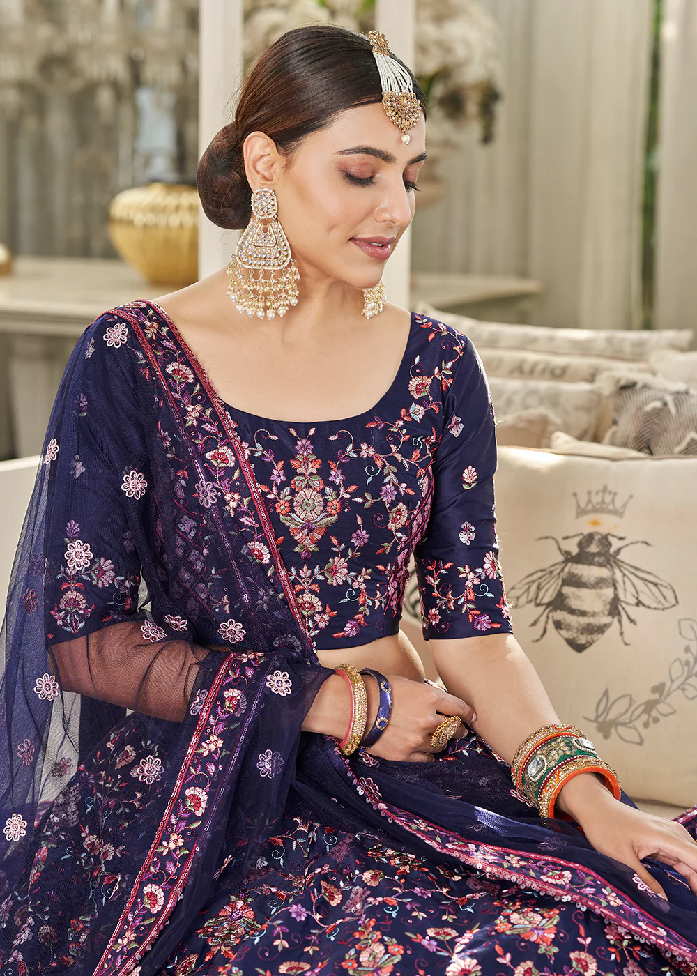 Navy Blue Multi Sequins & Thread Wedding A Line Lehenga - Image 2