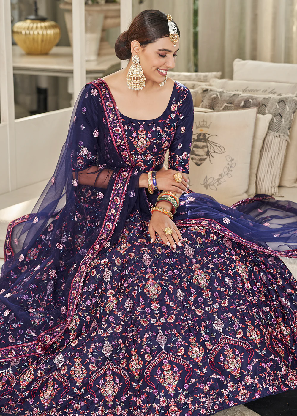 Navy Blue Multi Sequins & Thread Wedding A Line Lehenga - Image 3