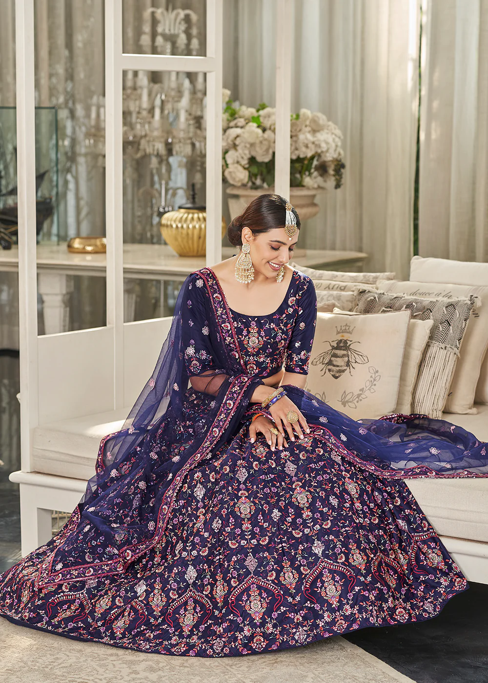 Navy Blue Multi Sequins & Thread Wedding A Line Lehenga - Image 4