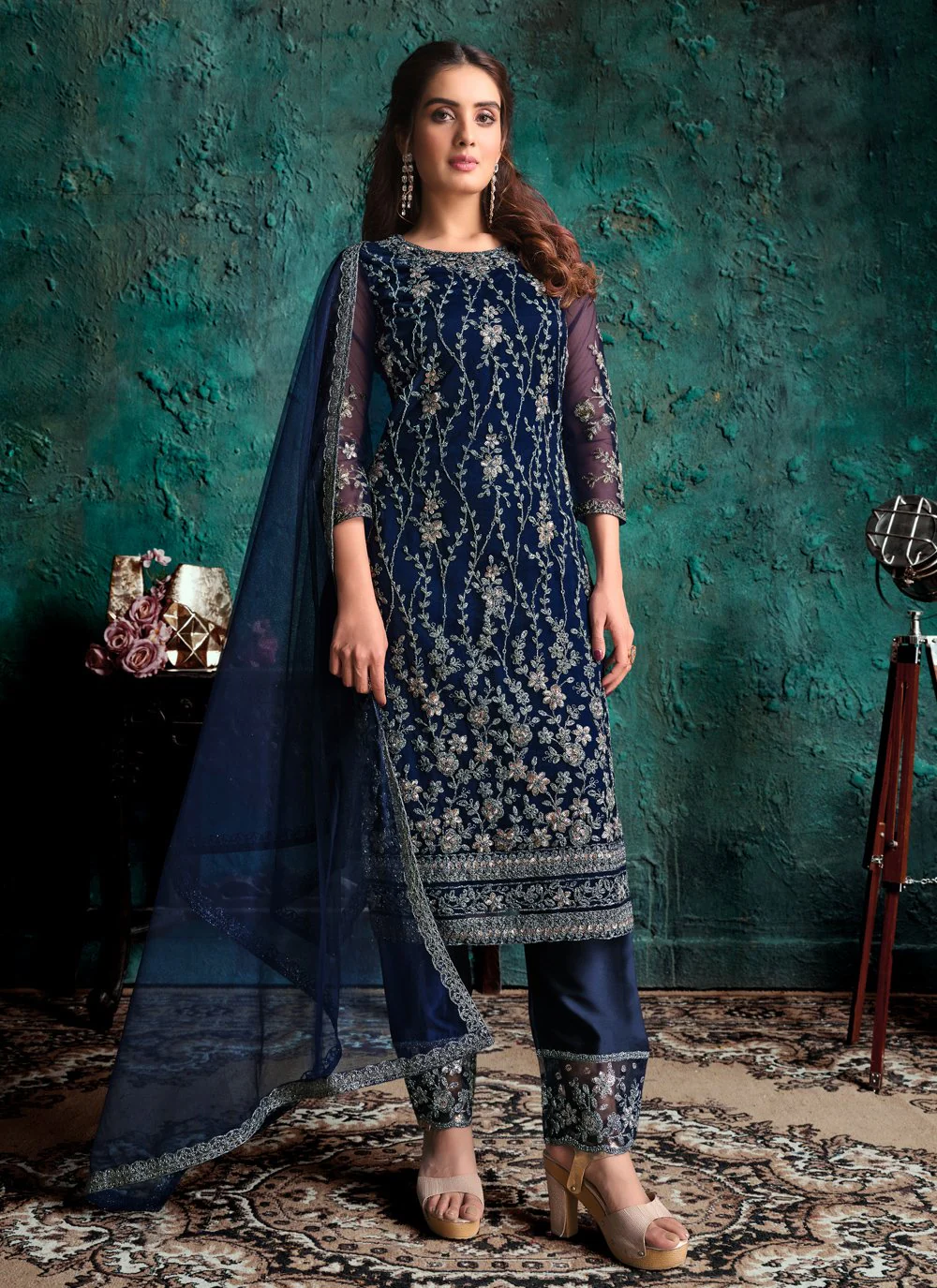 Navy Blue Net Designer Fancy Pakistani Style Suit
