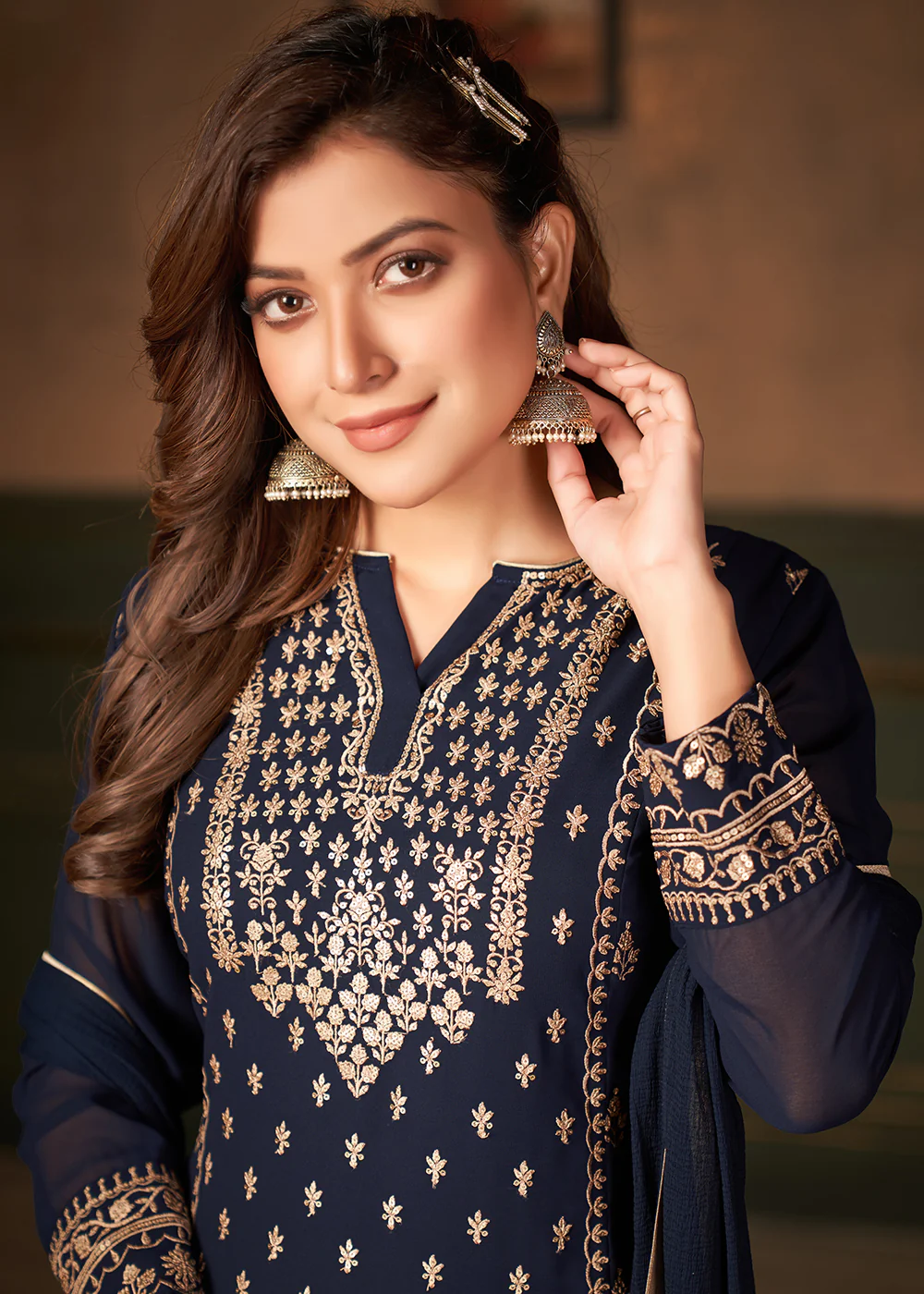 Navy Blue Pakistani Sharara Style Georgette Embroidered Suit - Image 2