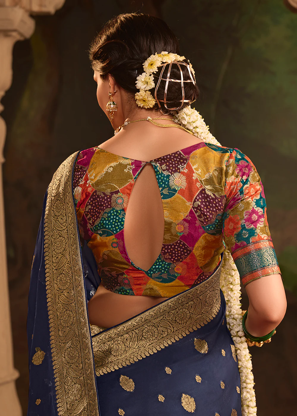 Navy Blue Pure Crepe Dola Silk Wedding Festive Saree - Image 3