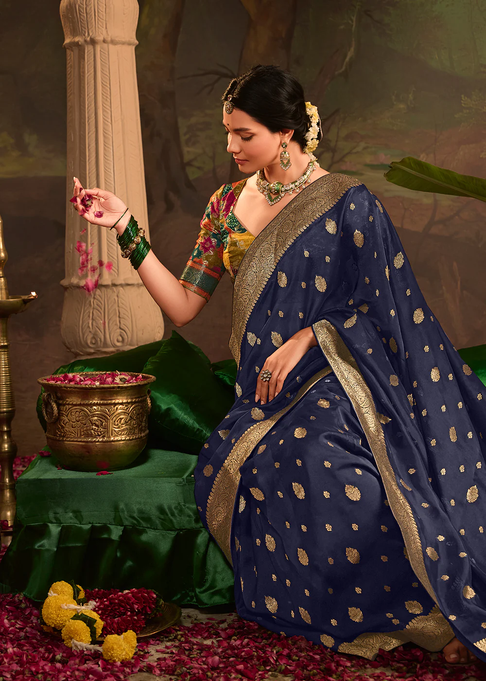 Navy Blue Pure Crepe Dola Silk Wedding Festive Saree - Image 4