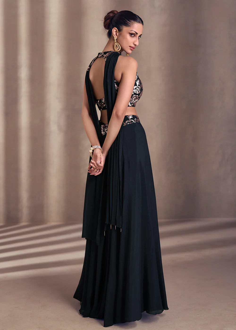 Navy Blue Real Chinnon Indo Western Palazzo Suit - Image 3