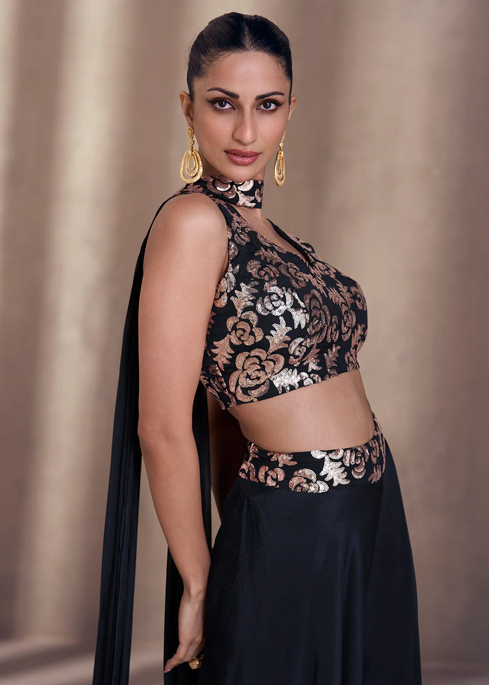 Navy Blue Real Chinnon Indo Western Palazzo Suit - Image 4