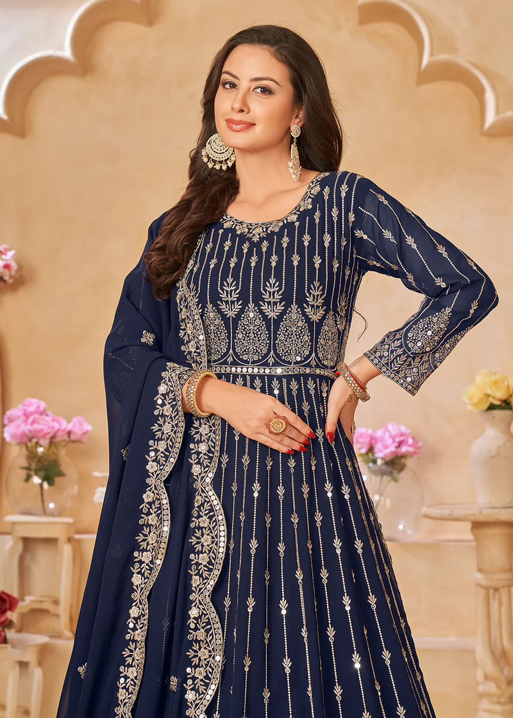 Navy Blue Resham Zari Embroidered Festive Anarkali Suit - Image 2