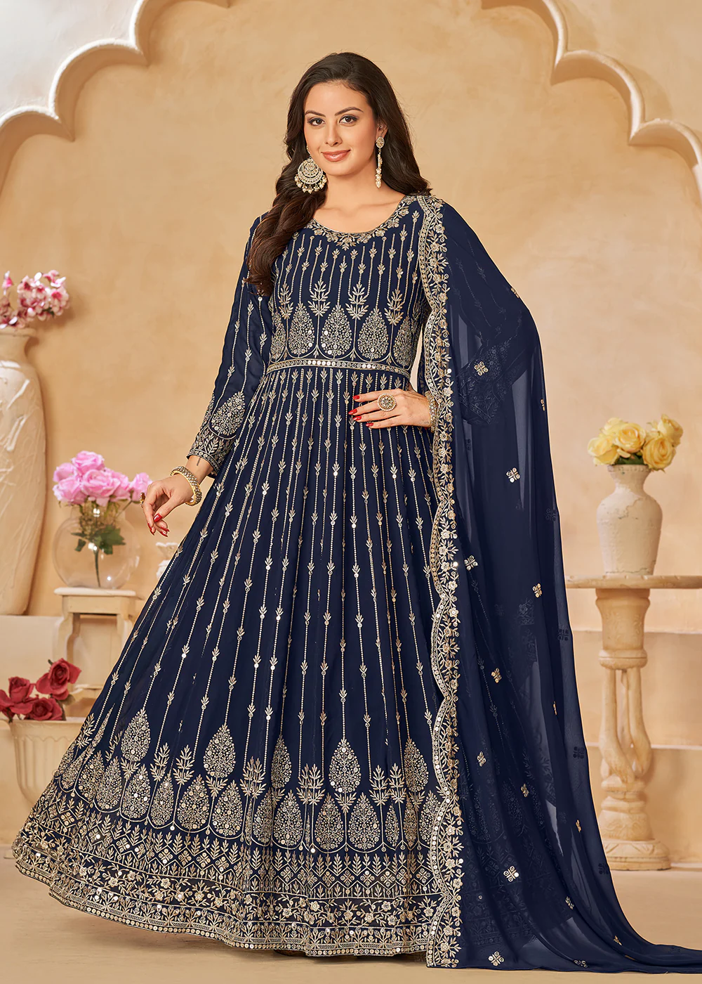 Navy Blue Resham Zari Embroidered Festive Anarkali Suit - Image 3