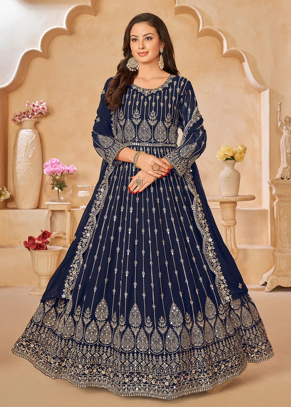 Navy Blue Resham Zari Embroidered Festive Anarkali Suit - Image 4