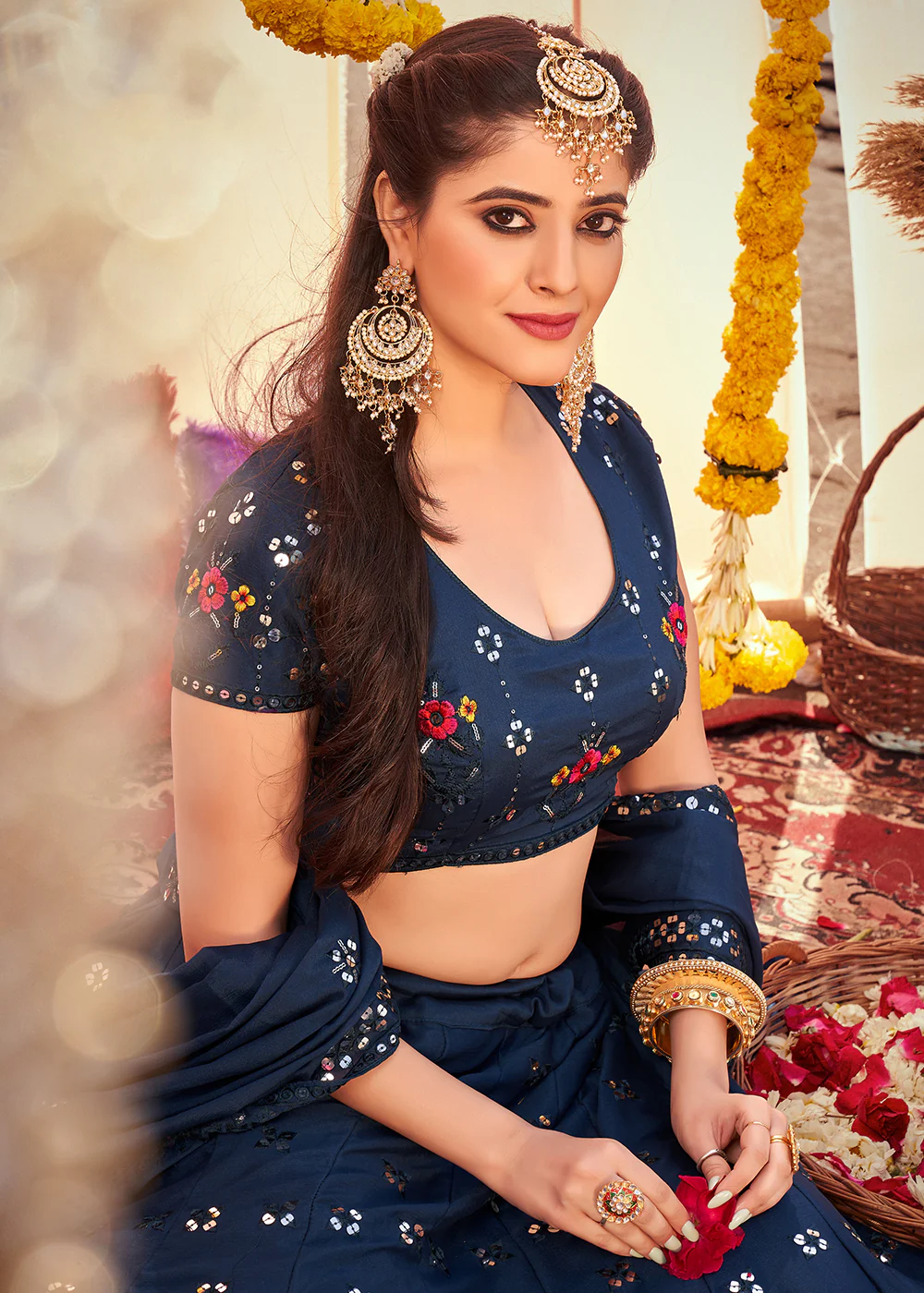 Navy Blue Sequined Wedding Function Wear Lehenga Choli - Image 2
