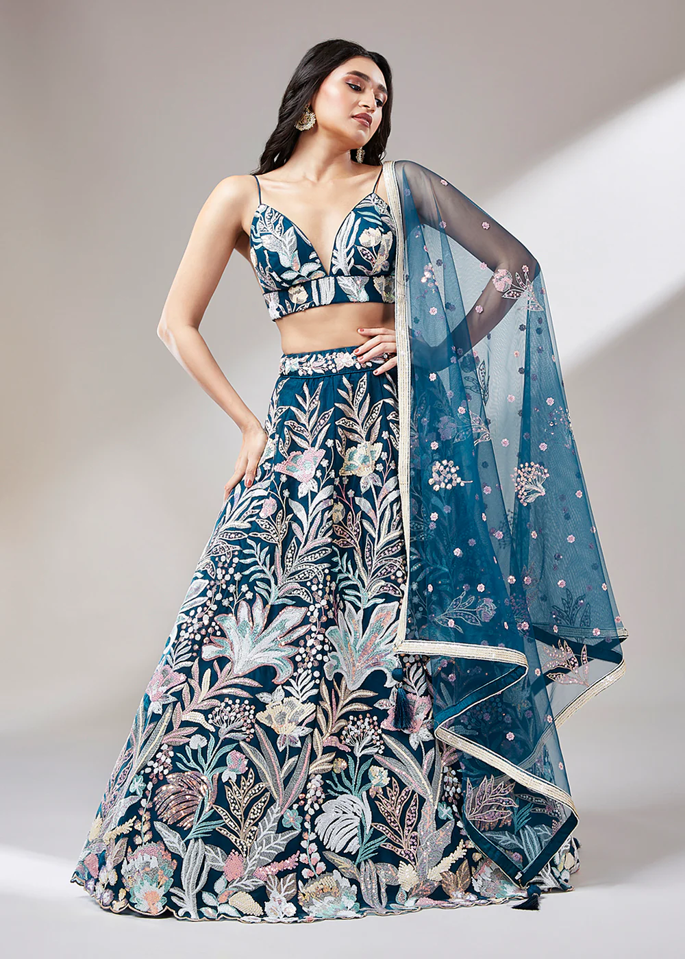 Navy Blue Sequinned Embroidered Bridesmaid Lehenga Choli - Image 5