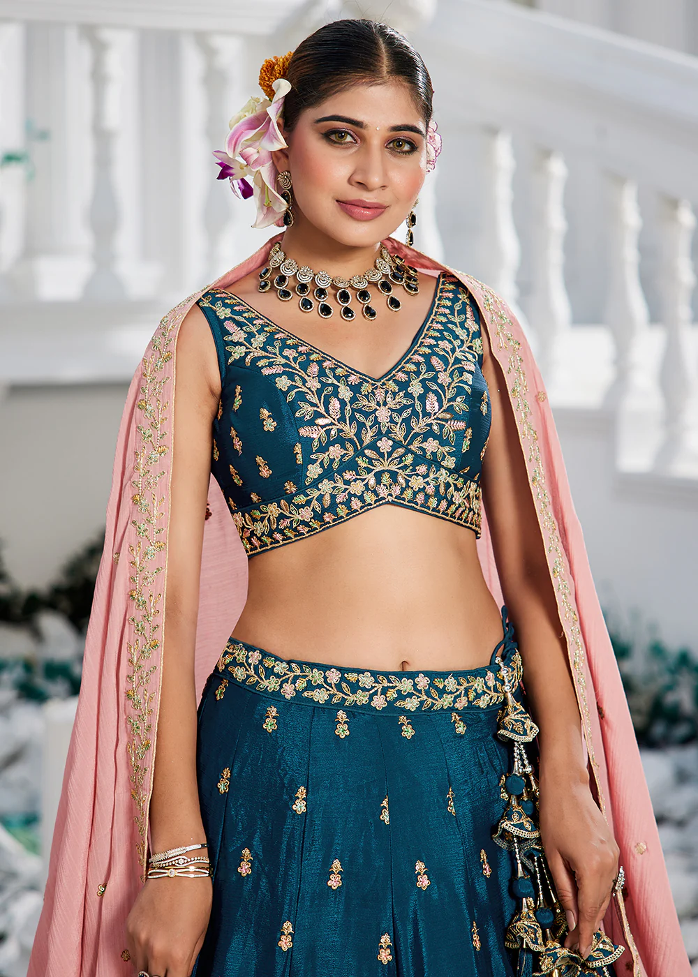 Navy Blue Sequins & Cording Work Wedding Wear Lehenga - Image 2
