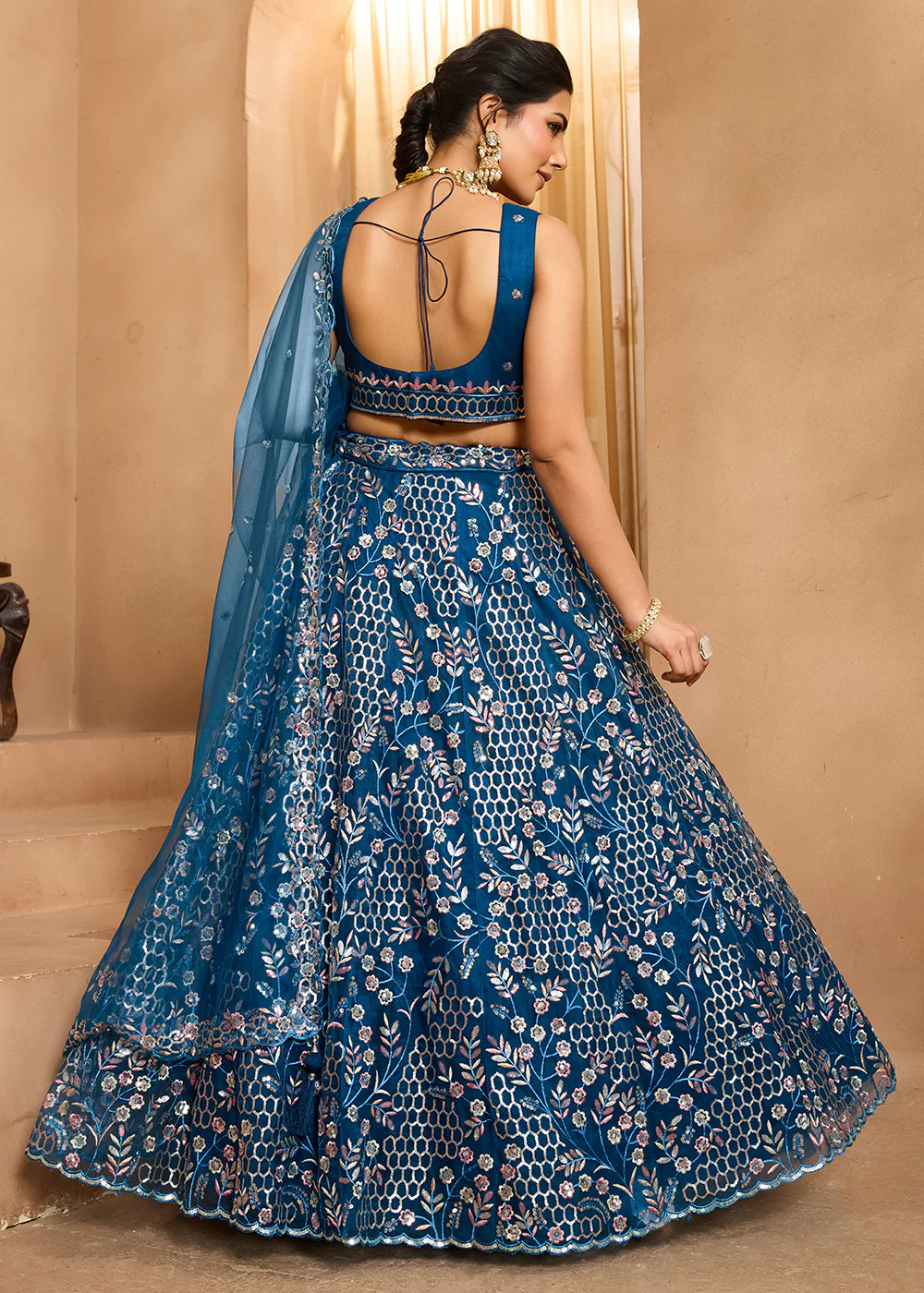 Navy Blue Sequins Embroidered Net Designer Party Lehenga Choli - Image 3