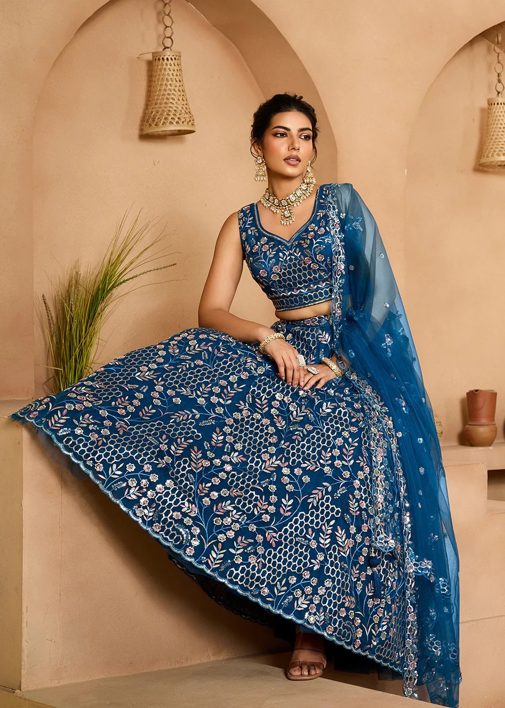 Navy Blue Sequins Embroidered Net Designer Party Lehenga Choli - Image 4