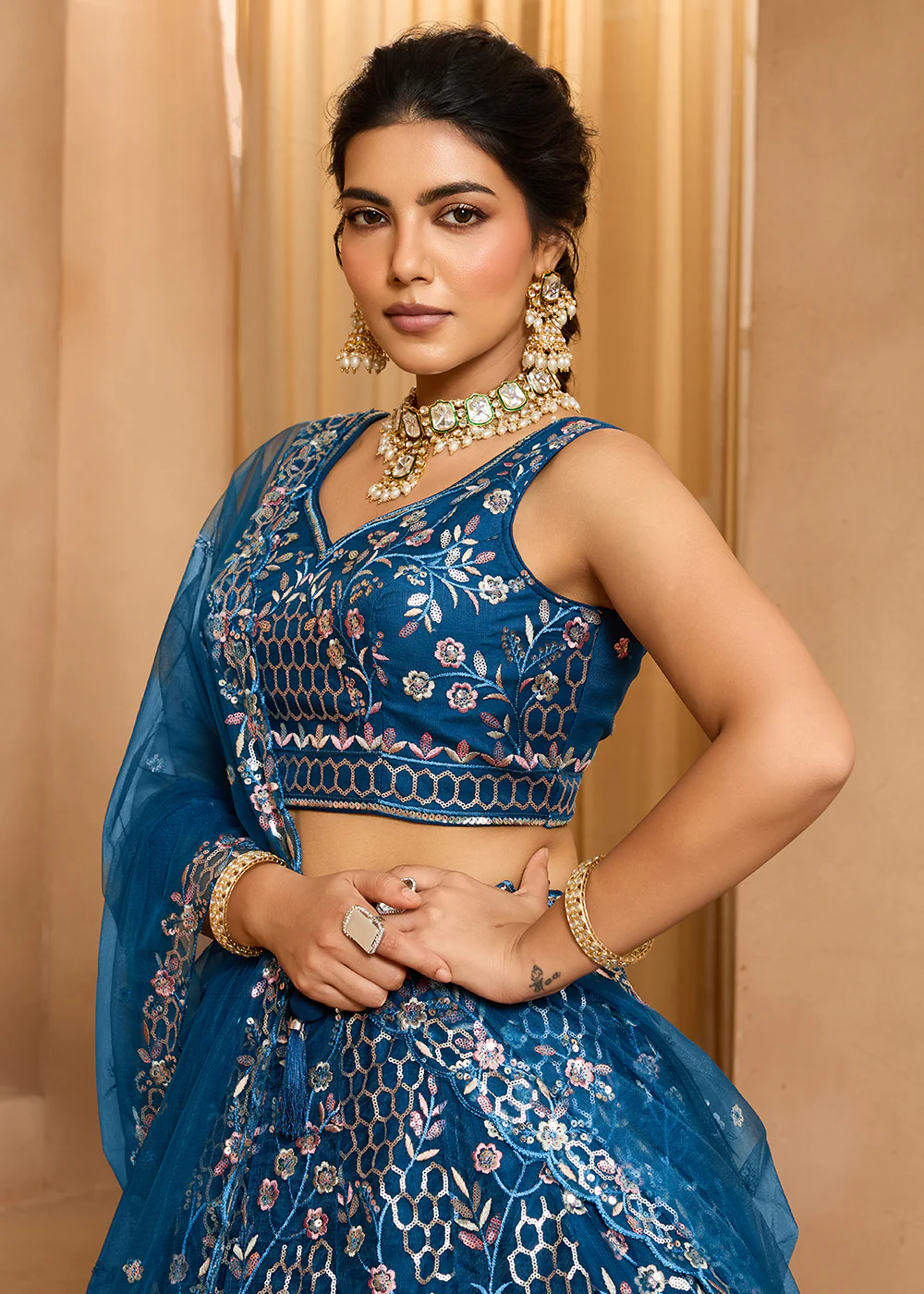 Navy Blue Sequins Embroidered Net Designer Party Lehenga Choli - Image 7