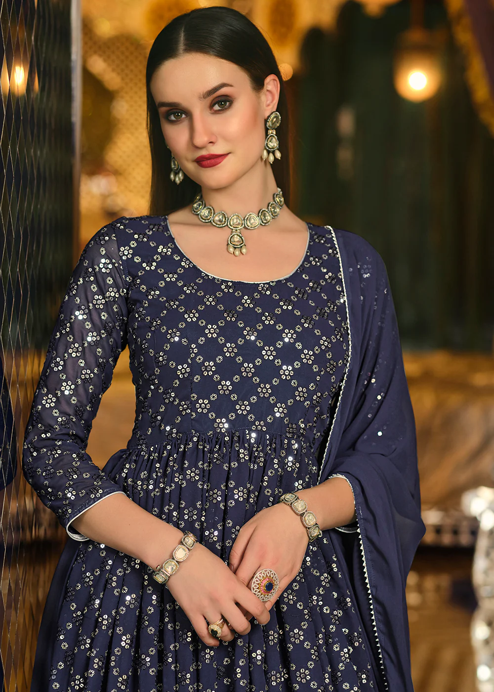 Navy Blue Sequins Front Slit Wedding Wear Anarkali Lehenga - Image 2