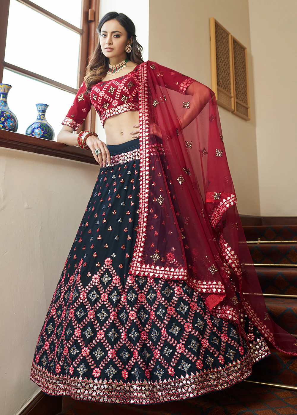 Navy Blue Sequins & Gota Patti Work Georgette Lehenga Choli