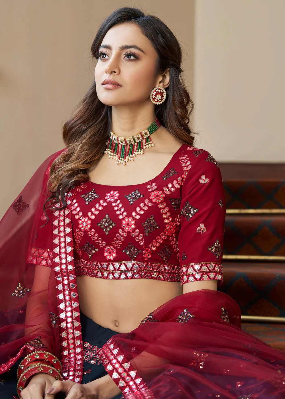Navy Blue Sequins & Gota Patti Work Georgette Lehenga Choli - Image 2