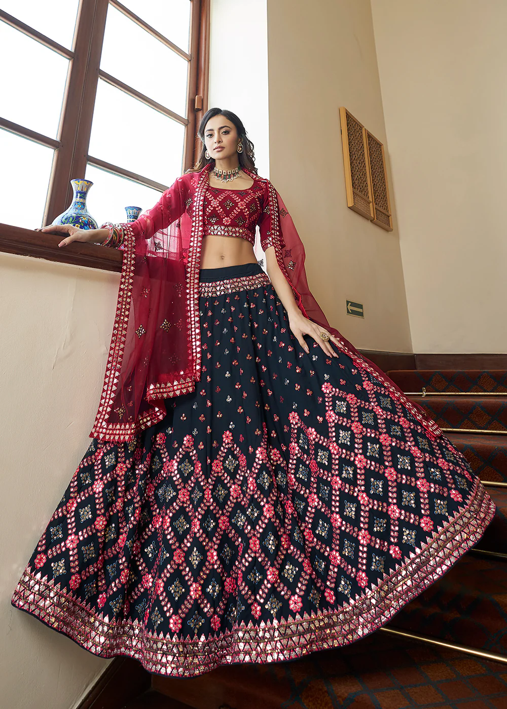 Navy Blue Sequins & Gota Patti Work Georgette Lehenga Choli - Image 3