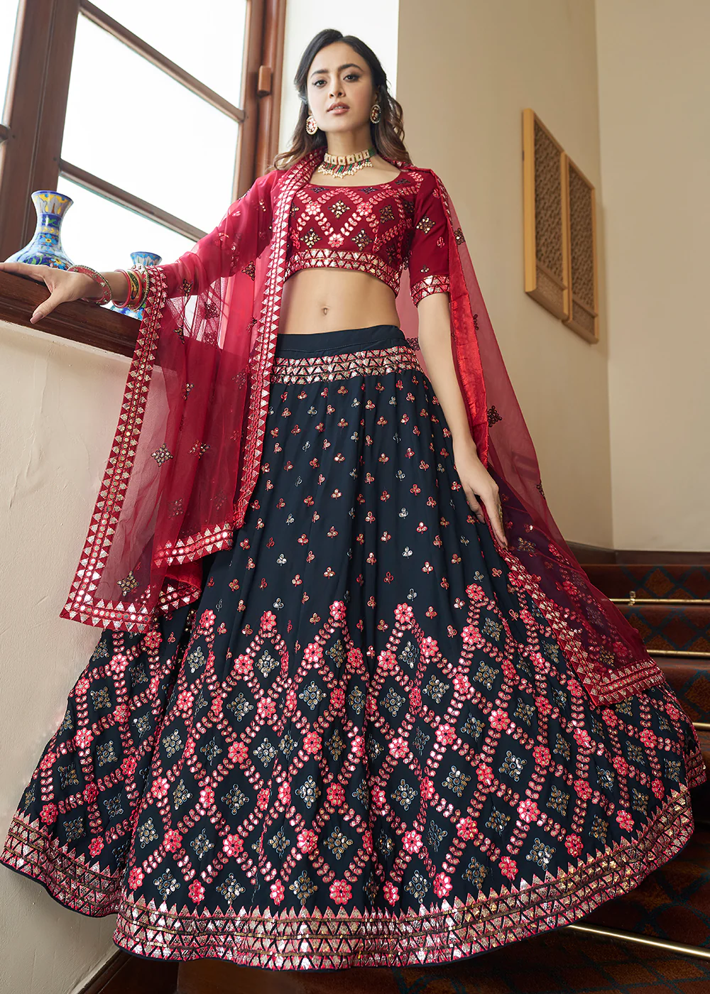 Navy Blue Sequins & Gota Patti Work Georgette Lehenga Choli - Image 4