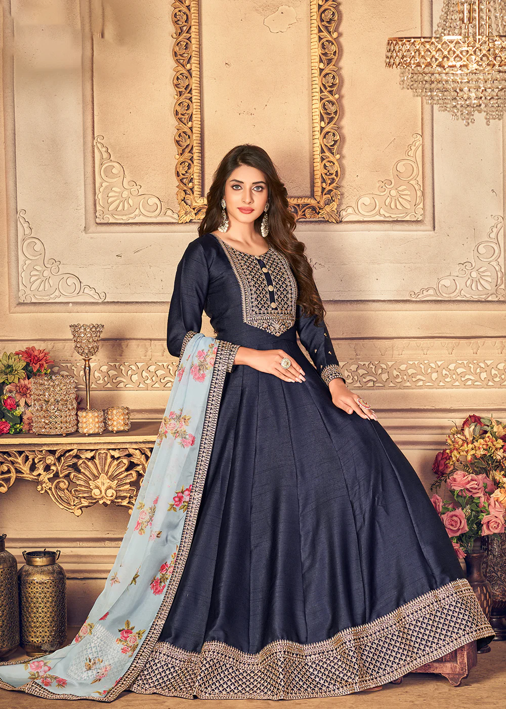 Navy Blue Silk Beautifully Embroidered Floor Length Anarkali - Image 3