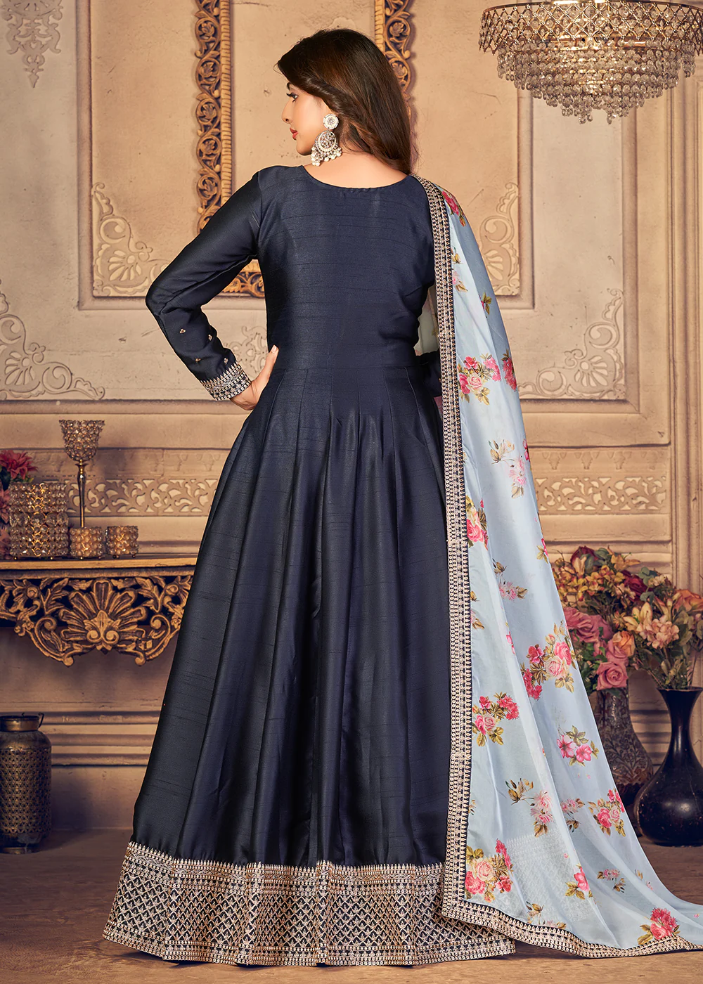 Navy Blue Silk Beautifully Embroidered Floor Length Anarkali - Image 4