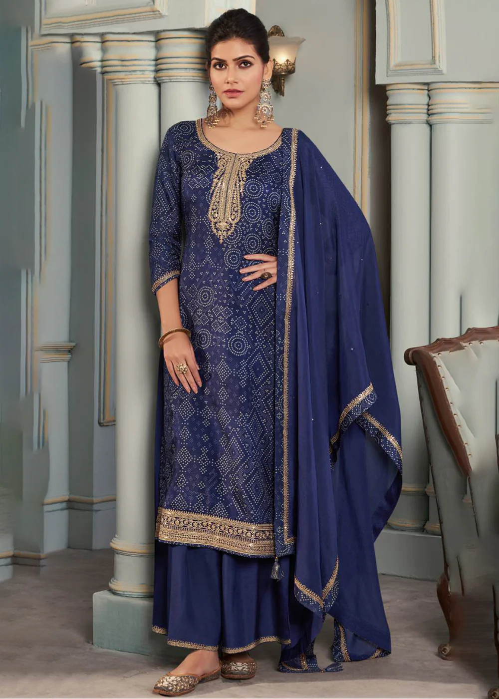 Navy Blue Silk Digital Printed Festive Salwar Suit