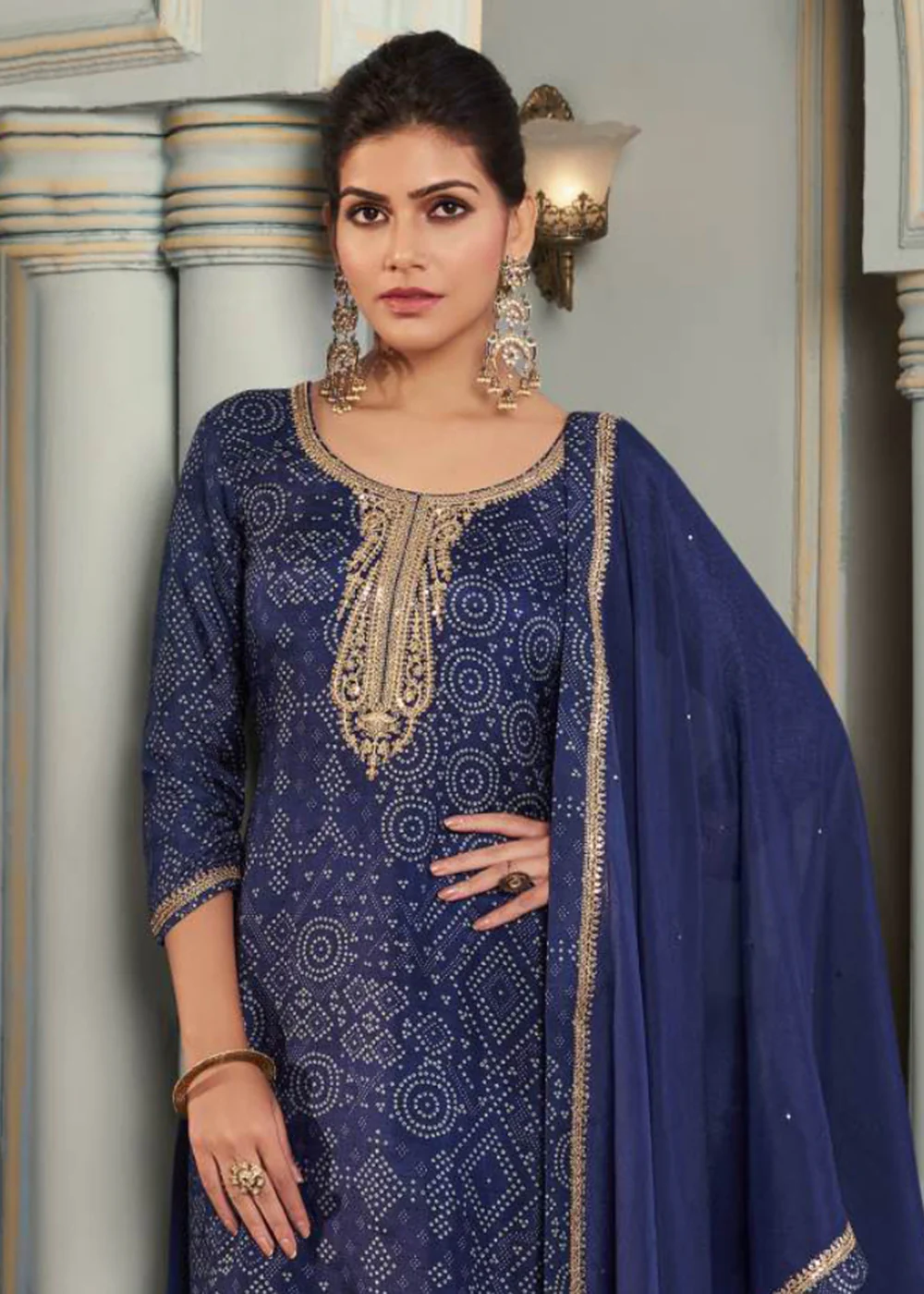 Navy Blue Silk Digital Printed Festive Salwar Suit - Image 2