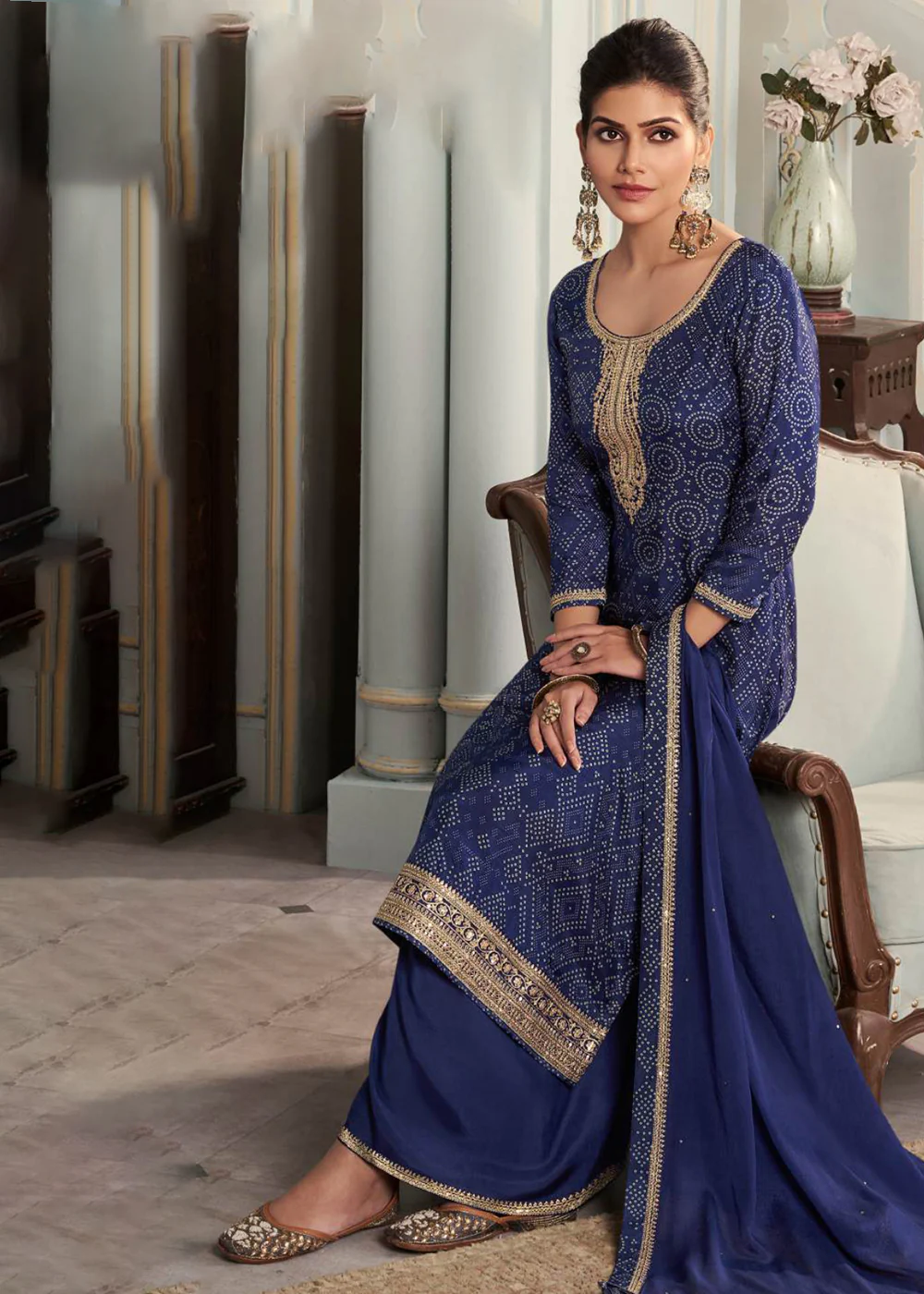 Navy Blue Silk Digital Printed Festive Salwar Suit - Image 3