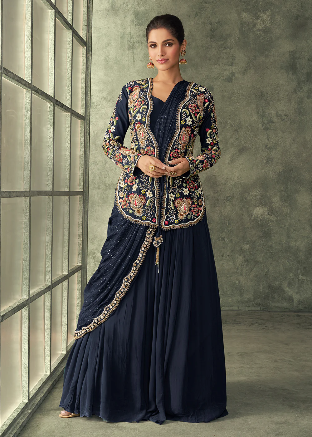 Navy Blue Silk Embroidered Designer Gown with Jacket