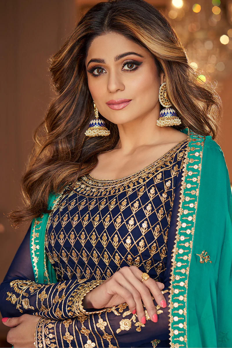 Navy Blue Skirt Style Embroidered Georgette Lehenga Suit - Image 2