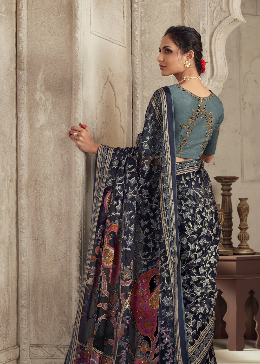 Navy Blue Soft Organza Brasso Embroidered Wedding Festive Saree - Image 3