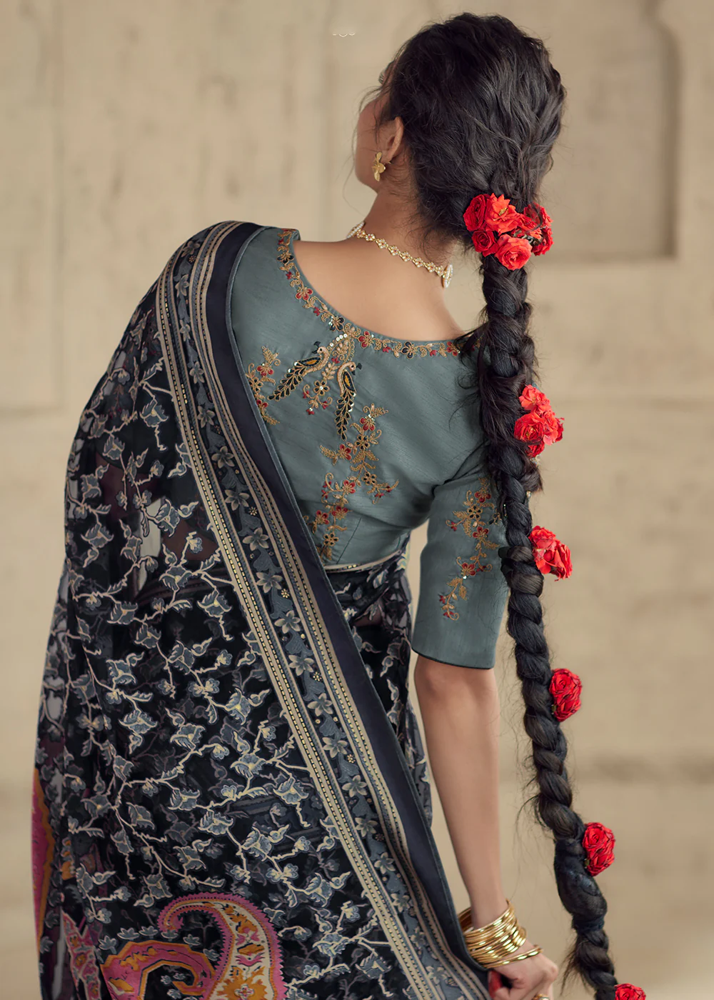 Navy Blue Soft Organza Brasso Embroidered Wedding Festive Saree - Image 4