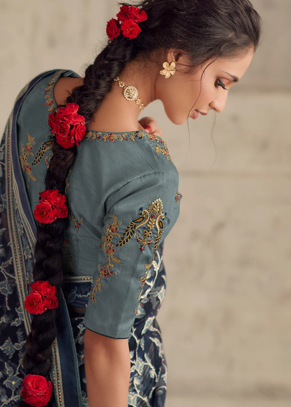 Navy Blue Soft Organza Brasso Embroidered Wedding Festive Saree - Image 5