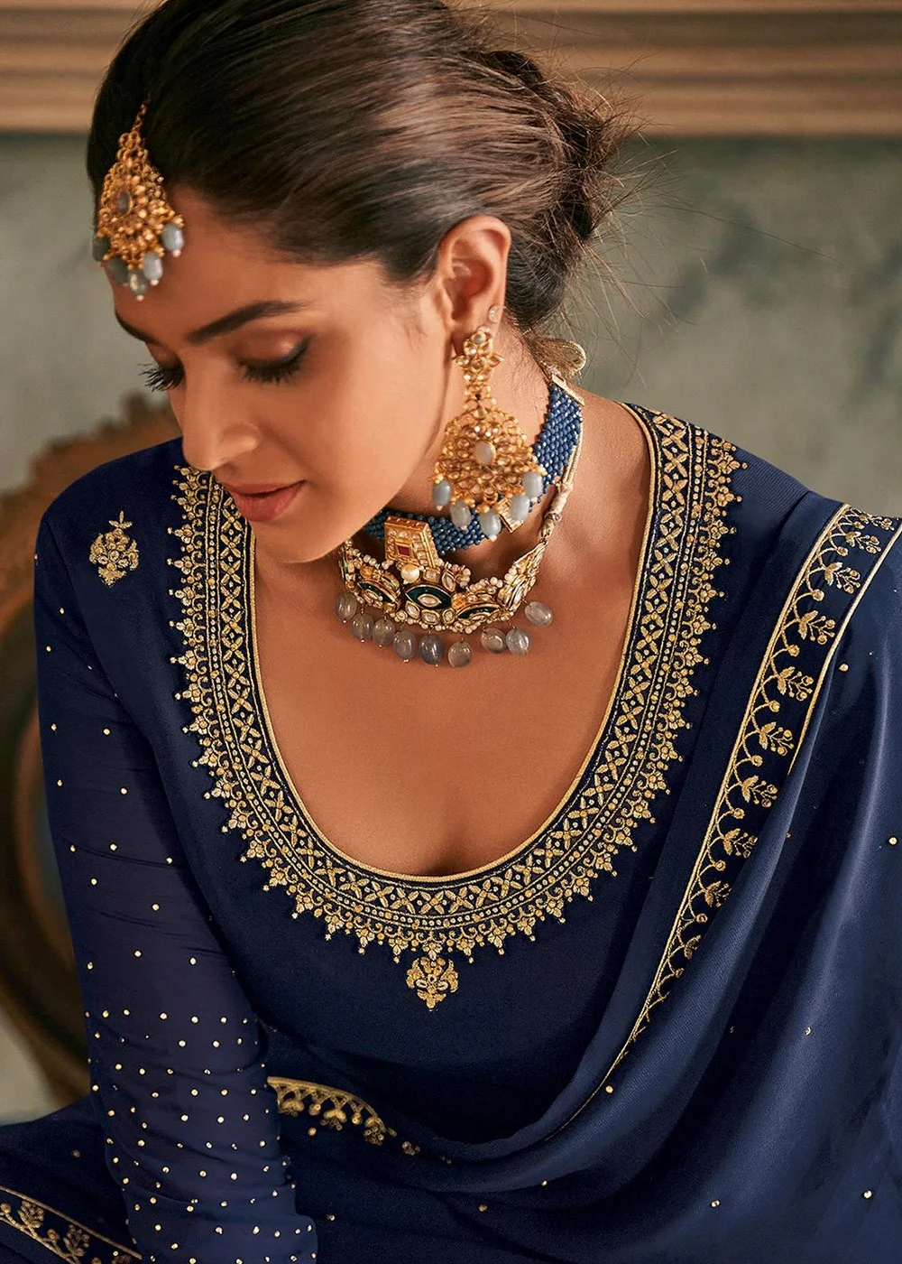 Navy Blue Stone Work Embroidered Georgette Sharara Suit - Image 2