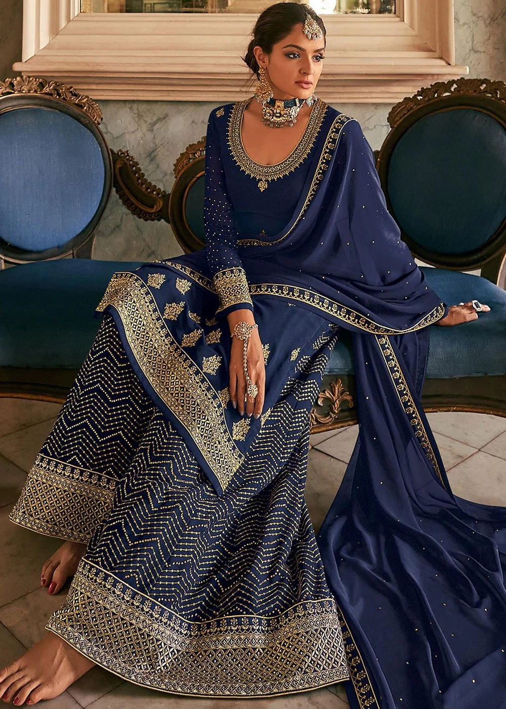 Navy Blue Stone Work Embroidered Georgette Sharara Suit - Image 3
