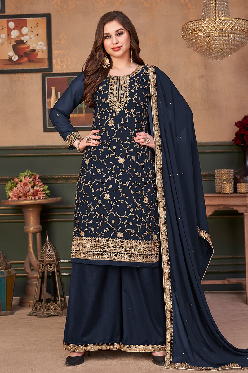 Navy Blue Straight Cut Festive Embroidered Palazzo Suit - Image 3