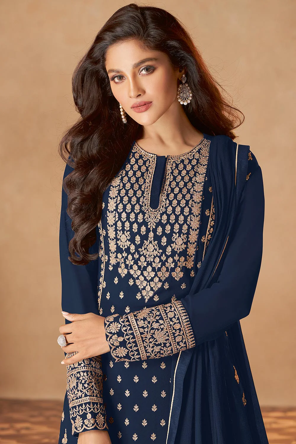 Navy Blue Straight Cut Georgette Designer Sharara Suit - Image 2