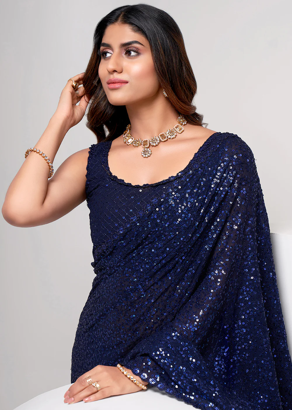 Navy Blue Thread & Multi Sequins Work Party Wear Saree - Image 2