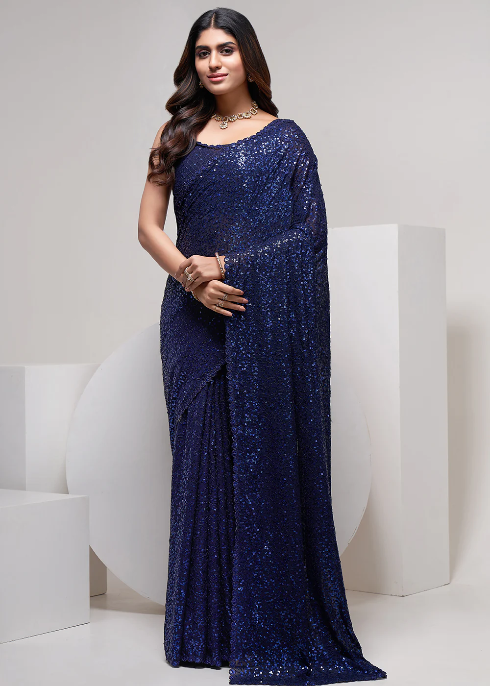 Navy Blue Thread & Multi Sequins Work Party Wear Saree - Image 4