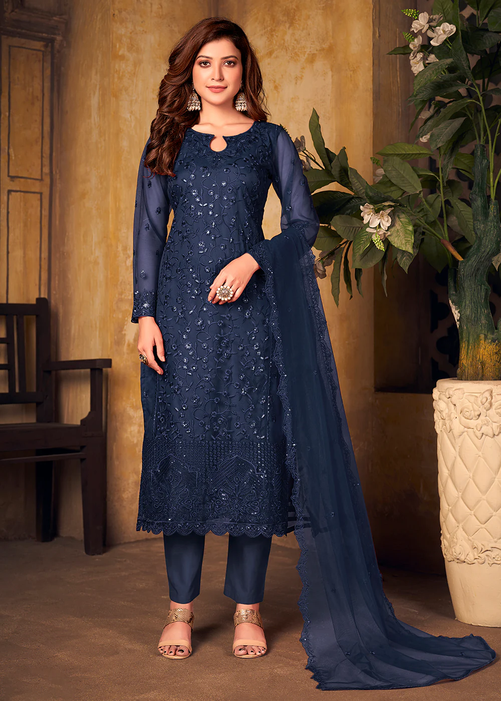 Navy Blue Tone to Tone Embroidered Net Salwar Kameez