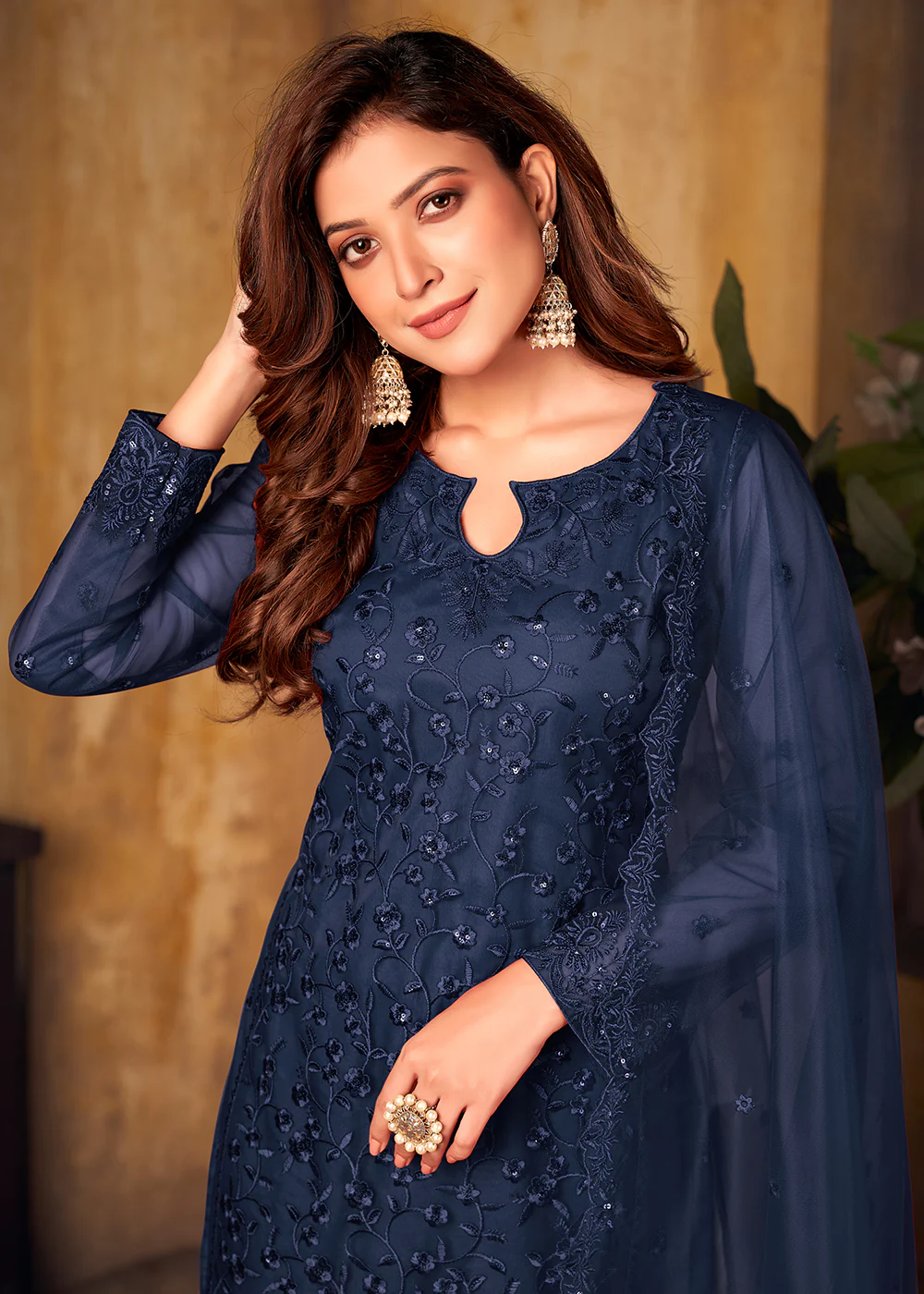 Navy Blue Tone to Tone Embroidered Net Salwar Kameez - Image 2