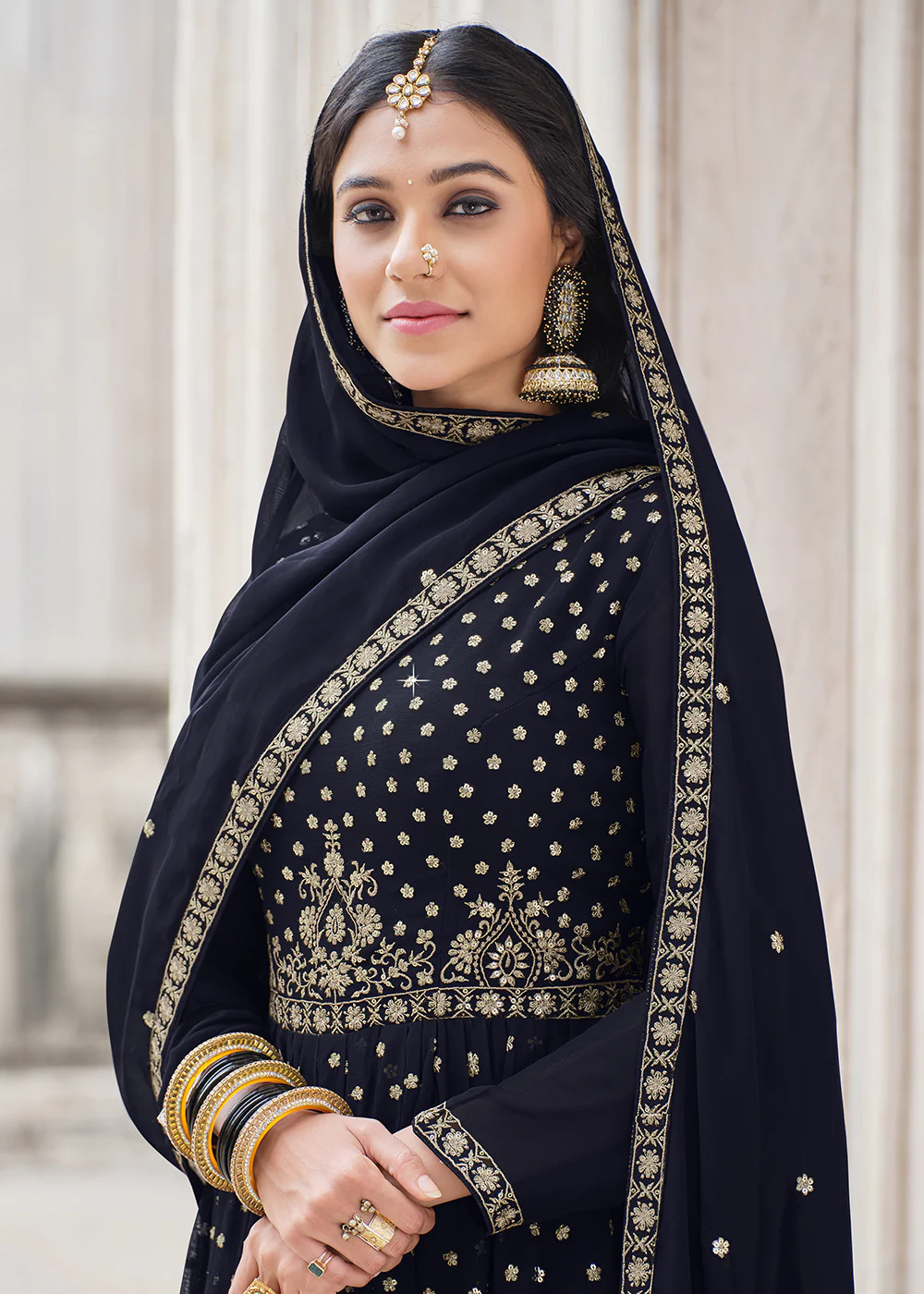 Navy Blue Traditional Style Georgette Designer Palazzo Suit - Image 2
