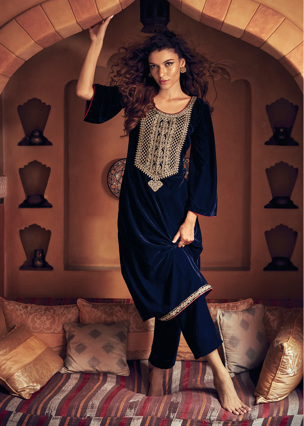 Navy Blue Velvet Embroidered Pant Salwar Suit - Image 3