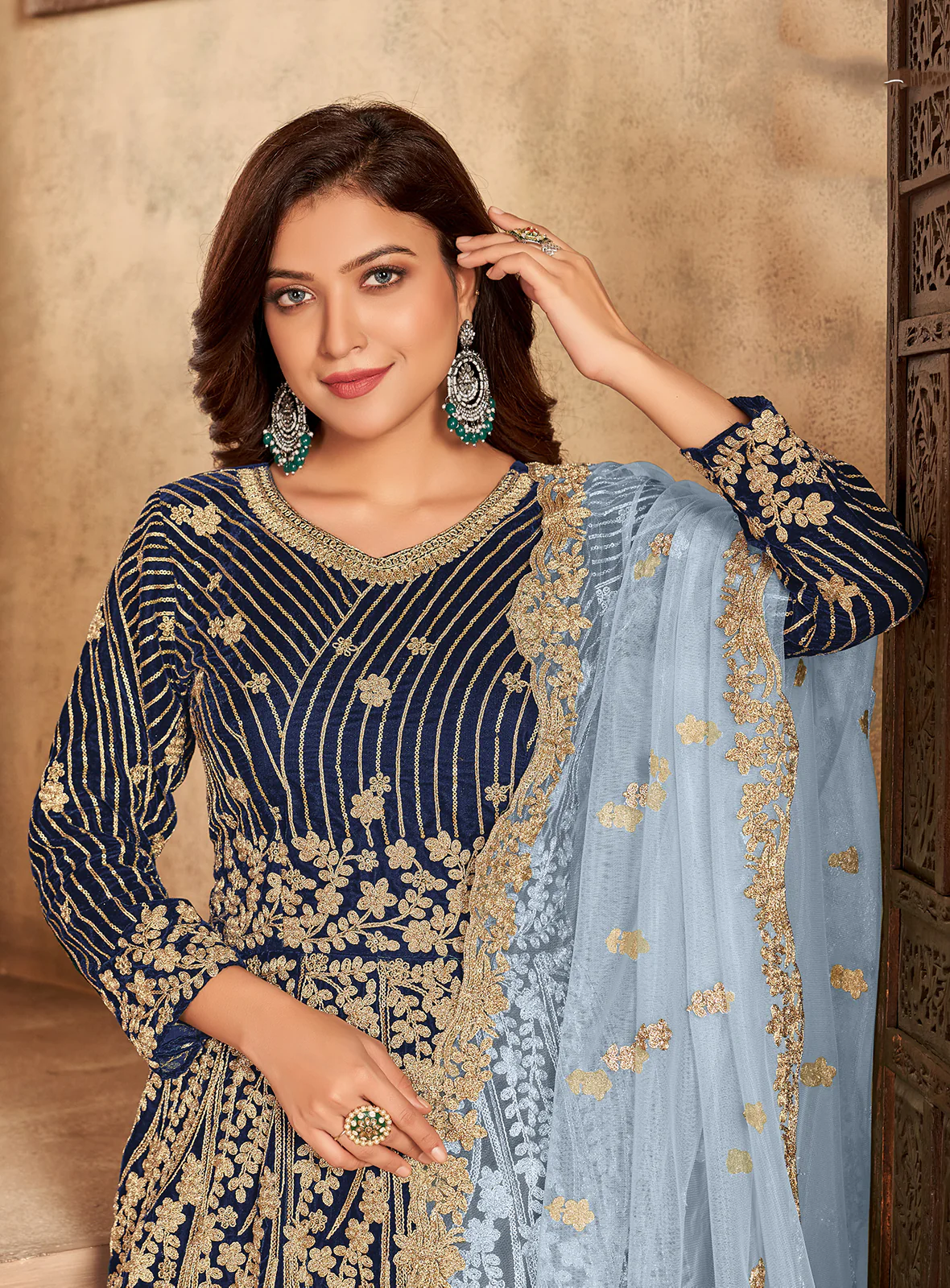 Navy Blue Velvet Floor Length Designer Anarkali Suit - Image 2