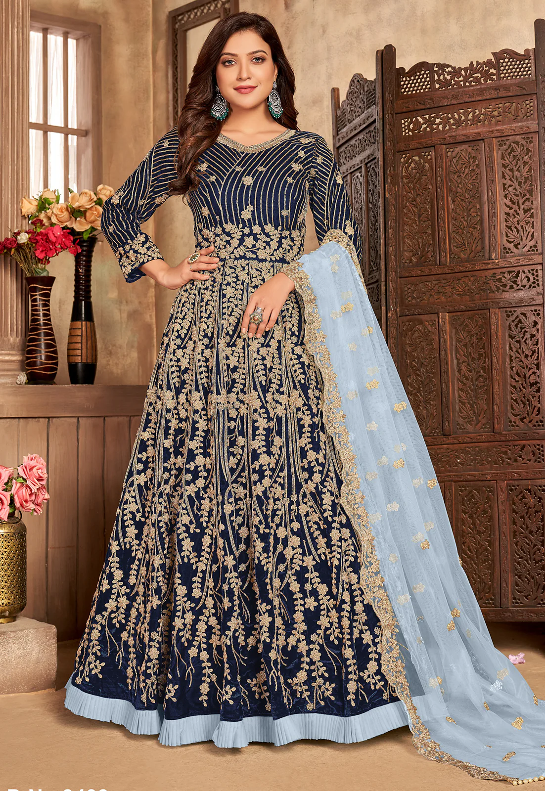 Navy Blue Velvet Floor Length Designer Anarkali Suit - Image 3